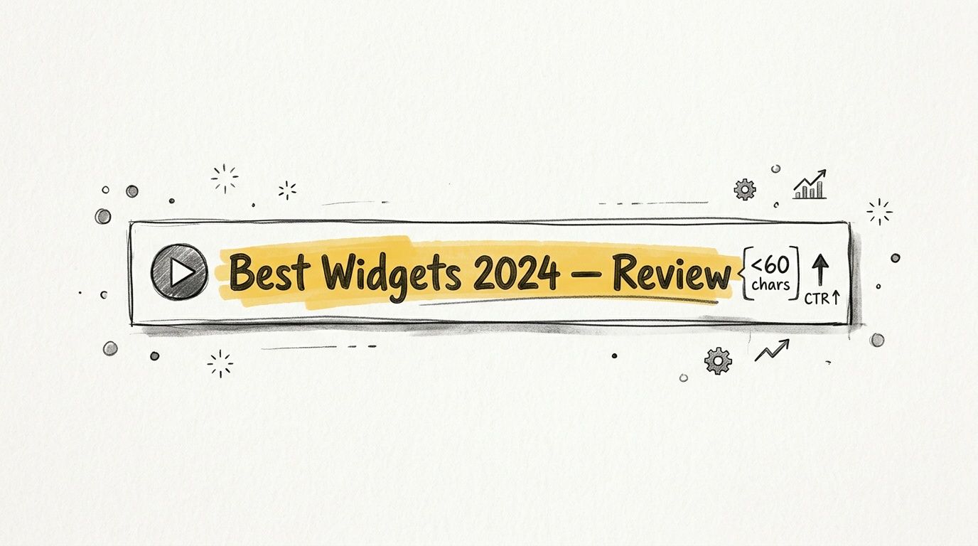 A hand-drawn illustration showing a YouTube video title Best Widgets 2024 Review with SEO optimized indicators.