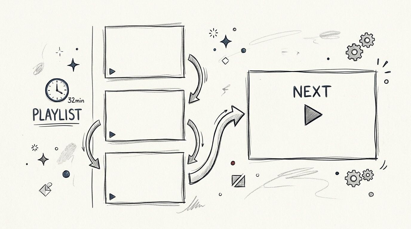 A hand-drawn sketch illustrating a video playlist interface with a timer and a next video placeholder.