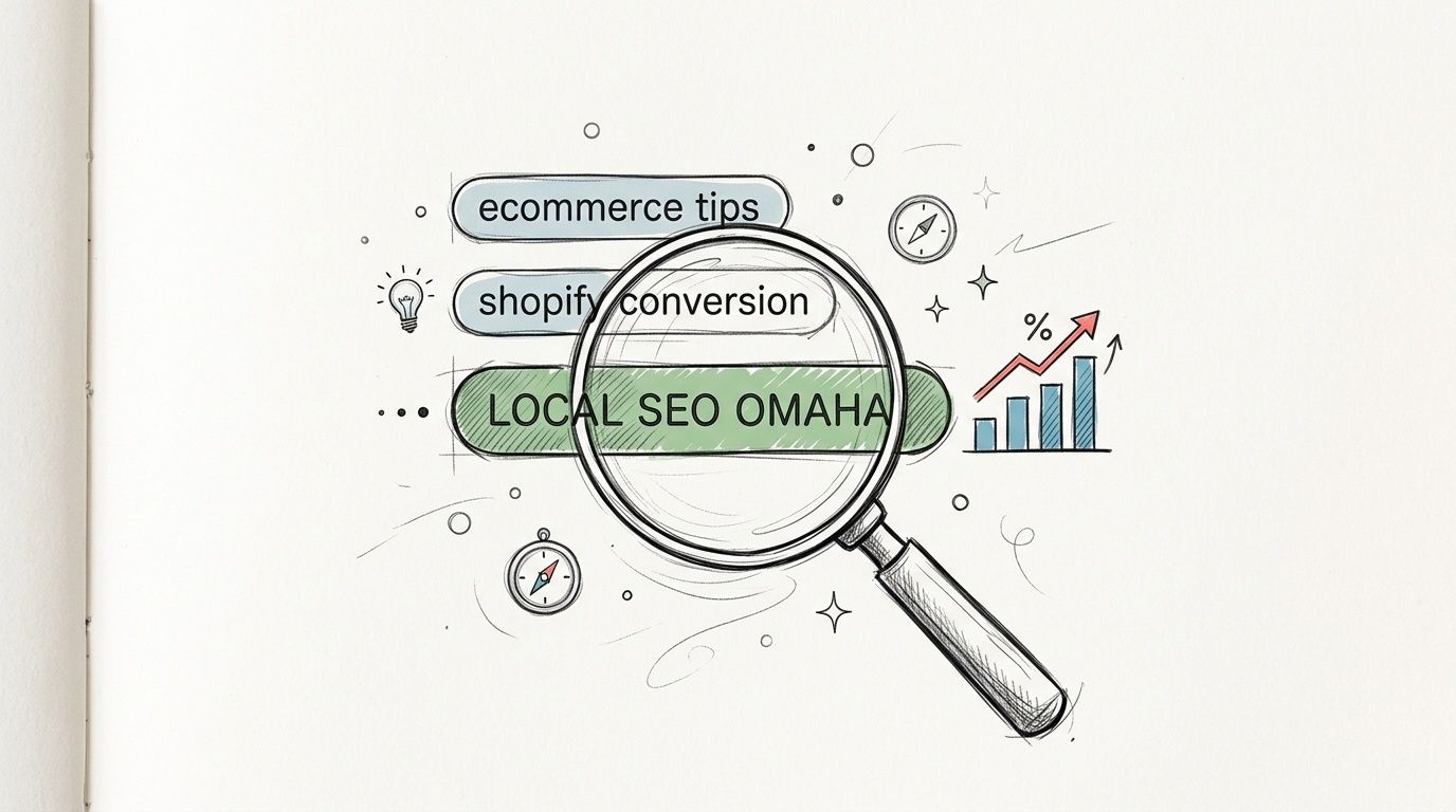 A magnifying glass focusing on the text LOCAL SEO OMAHA over other ecommerce and conversion search terms.